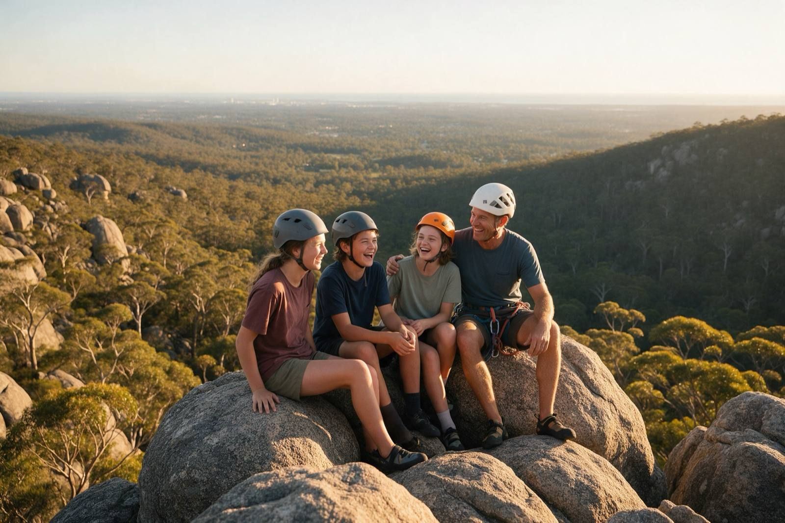 A family and their guide sitting on boulders at golden hour above a forested valley.