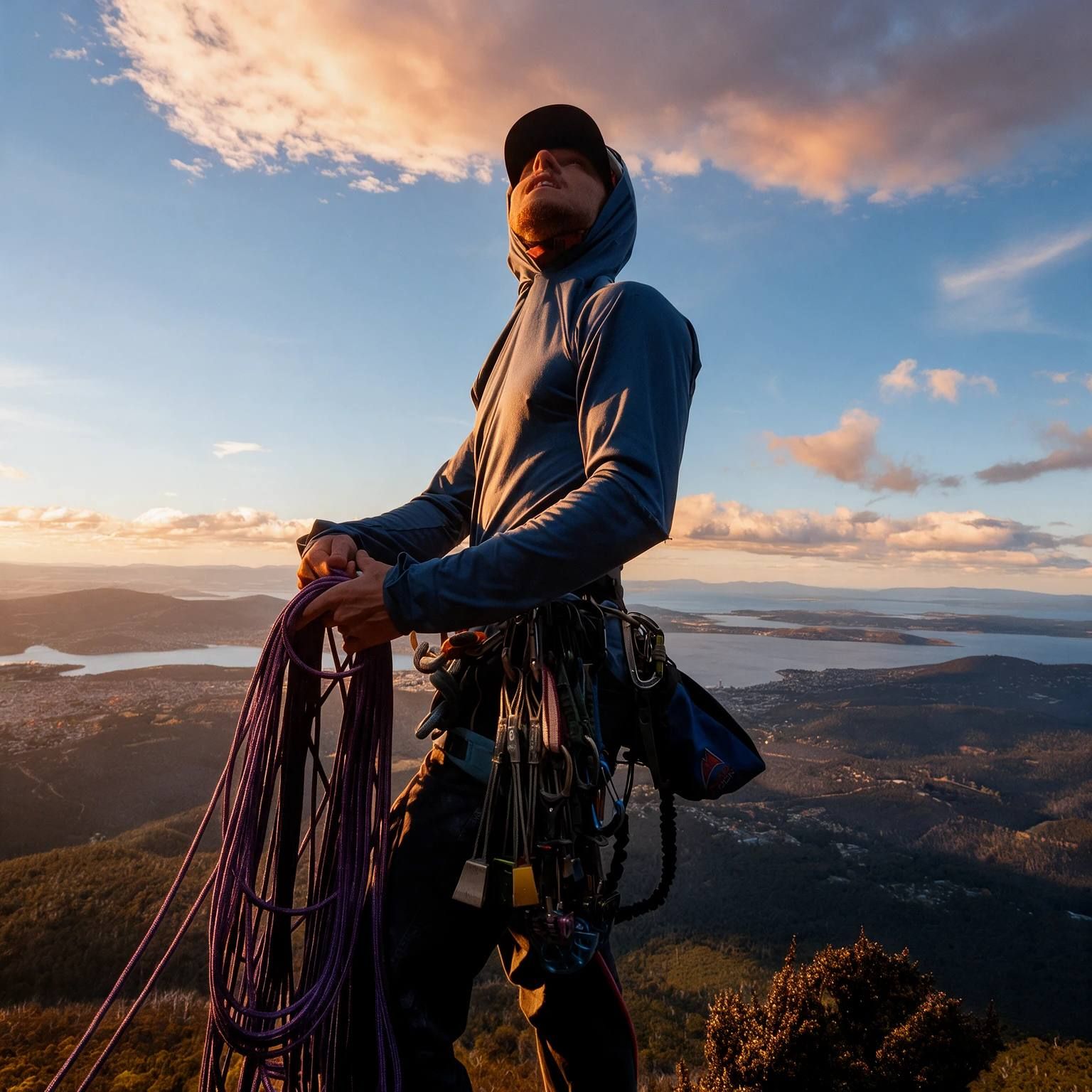 Evan on a summit at golden hour, coiling a purple rope with climbing gear on his harness, hills and water spread out below.