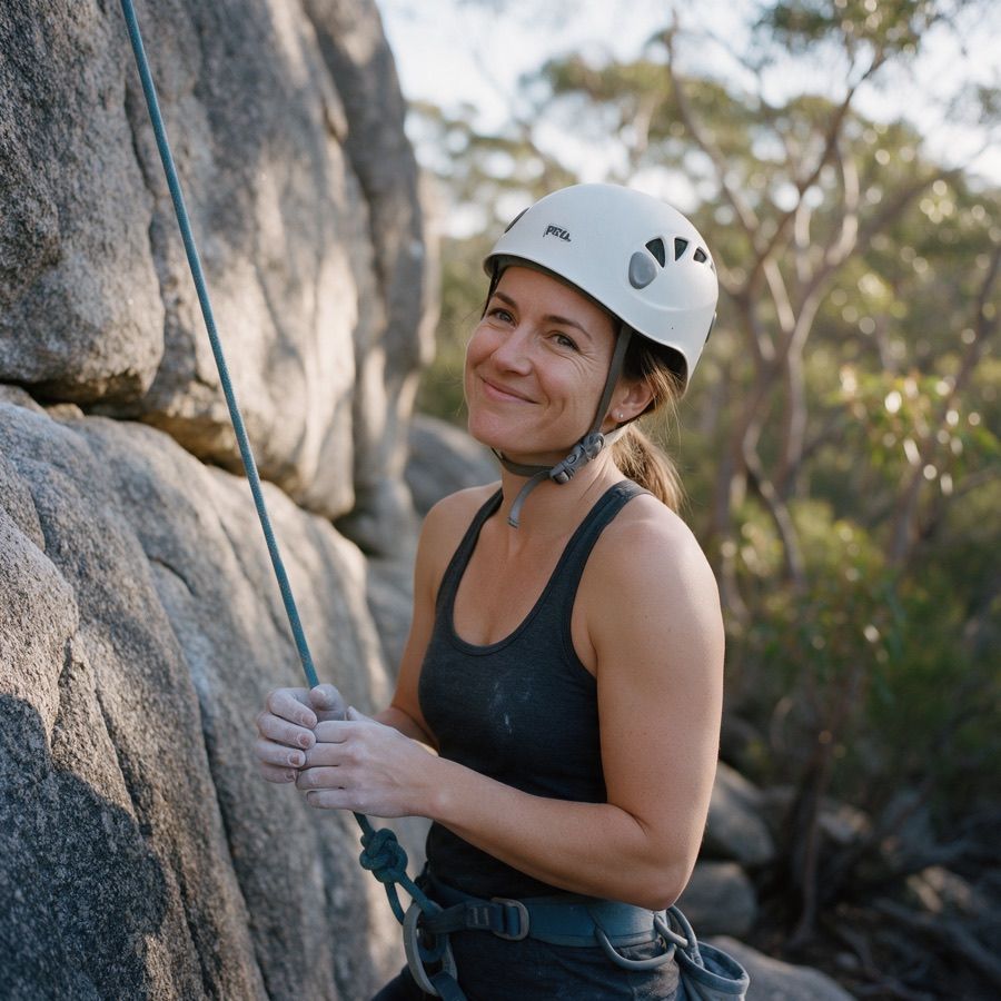 Placeholder photo: a woman in her thirties wearing a white helmet at the crag.